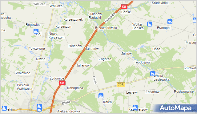 mapa Zagórze gmina Rawa Mazowiecka, Zagórze gmina Rawa Mazowiecka na mapie Targeo