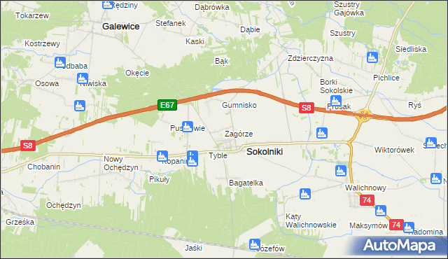 mapa Zagórze gmina Sokolniki, Zagórze gmina Sokolniki na mapie Targeo