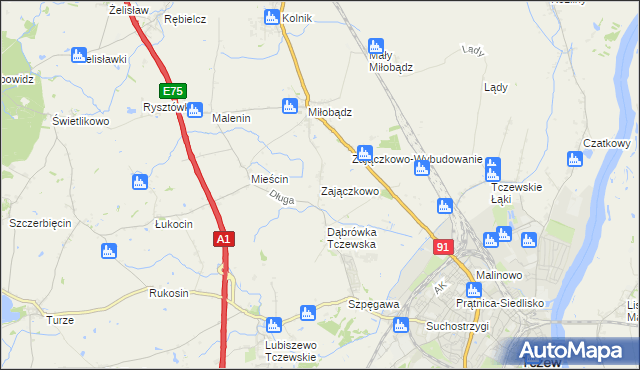 mapa Zajączkowo gmina Tczew, Zajączkowo gmina Tczew na mapie Targeo