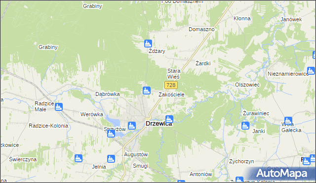 mapa Zakościele gmina Drzewica, Zakościele gmina Drzewica na mapie Targeo