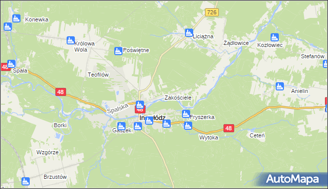 mapa Zakościele gmina Inowłódz, Zakościele gmina Inowłódz na mapie Targeo