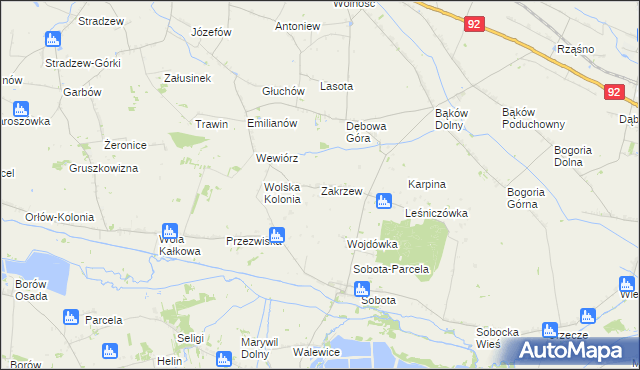 mapa Zakrzew gmina Bielawy, Zakrzew gmina Bielawy na mapie Targeo