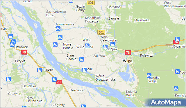 mapa Zakrzew gmina Wilga, Zakrzew gmina Wilga na mapie Targeo