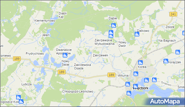mapa Zakrzewek gmina Więcbork, Zakrzewek gmina Więcbork na mapie Targeo