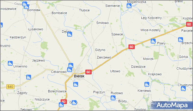 mapa Zakrzewo gmina Bielsk, Zakrzewo gmina Bielsk na mapie Targeo