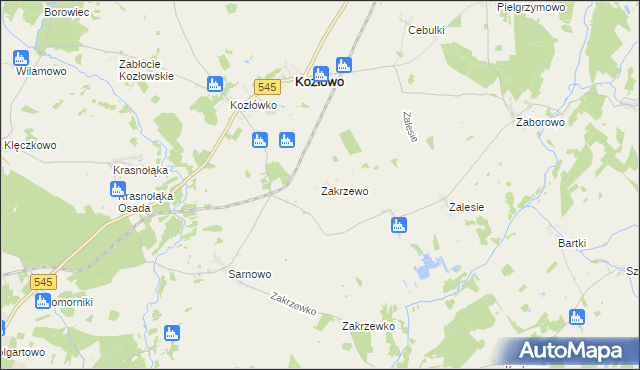 mapa Zakrzewo gmina Kozłowo, Zakrzewo gmina Kozłowo na mapie Targeo