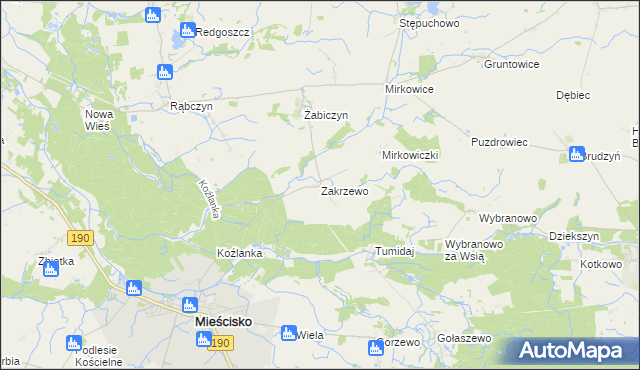 mapa Zakrzewo gmina Mieścisko, Zakrzewo gmina Mieścisko na mapie Targeo