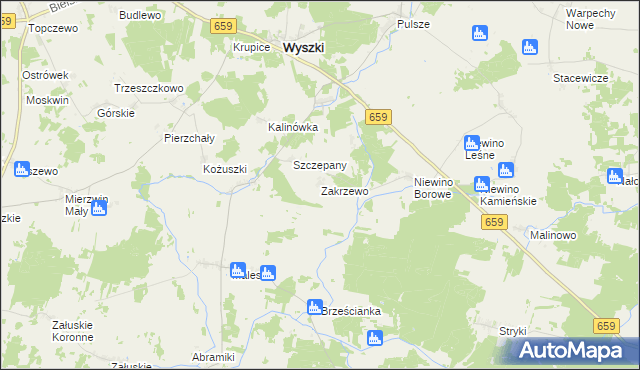 mapa Zakrzewo gmina Wyszki, Zakrzewo gmina Wyszki na mapie Targeo