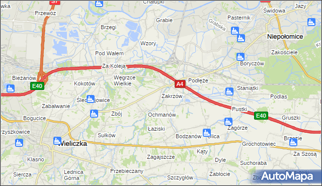 mapa Zakrzów gmina Niepołomice, Zakrzów gmina Niepołomice na mapie Targeo