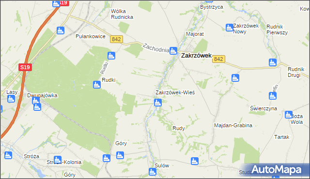 mapa Zakrzówek-Wieś gmina Zakrzówek, Zakrzówek-Wieś gmina Zakrzówek na mapie Targeo