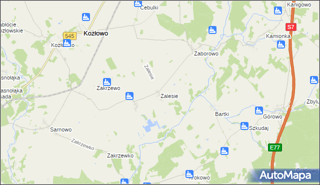mapa Zalesie gmina Kozłowo, Zalesie gmina Kozłowo na mapie Targeo