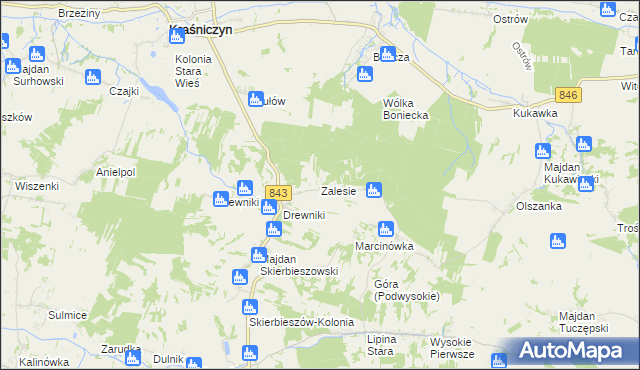 mapa Zalesie gmina Kraśniczyn, Zalesie gmina Kraśniczyn na mapie Targeo