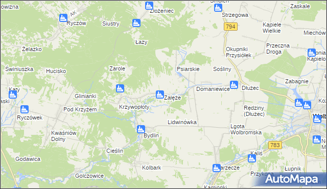 mapa Załęże gmina Wolbrom, Załęże gmina Wolbrom na mapie Targeo