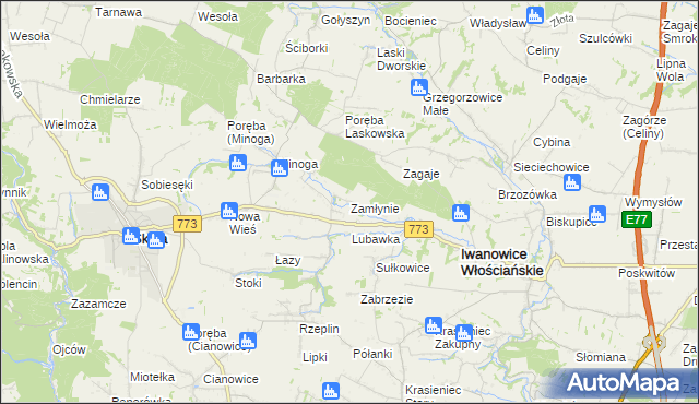 mapa Zamłynie gmina Skała, Zamłynie gmina Skała na mapie Targeo