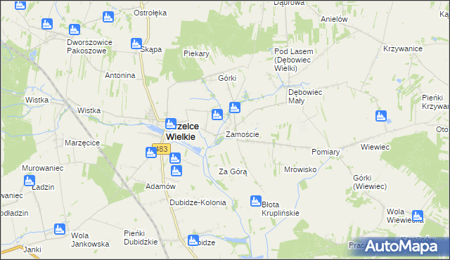 mapa Zamoście gmina Strzelce Wielkie, Zamoście gmina Strzelce Wielkie na mapie Targeo