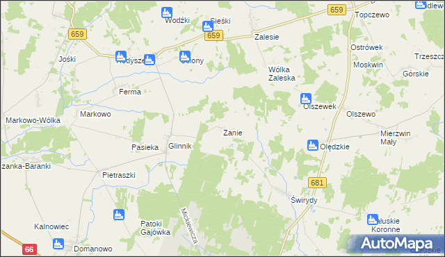 mapa Zanie gmina Brańsk, Zanie gmina Brańsk na mapie Targeo