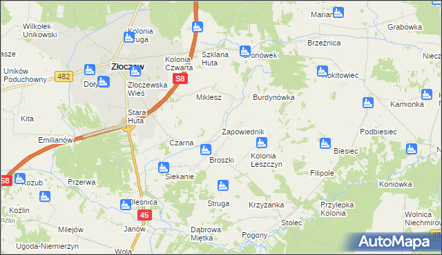 mapa Zapowiednik gmina Złoczew, Zapowiednik gmina Złoczew na mapie Targeo