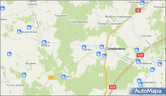 mapa Zaręby gmina Dziadkowice, Zaręby gmina Dziadkowice na mapie Targeo