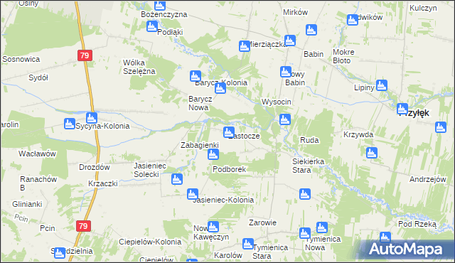 mapa Zastocze gmina Zwoleń, Zastocze gmina Zwoleń na mapie Targeo