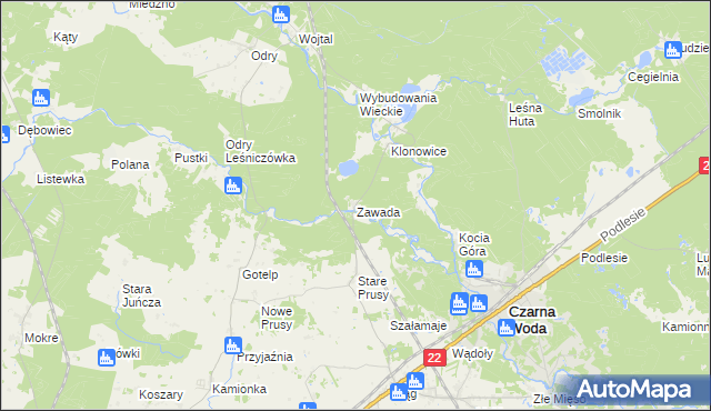 mapa Zawada gmina Czersk, Zawada gmina Czersk na mapie Targeo