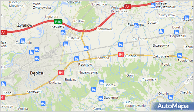 mapa Zawada gmina Dębica, Zawada gmina Dębica na mapie Targeo