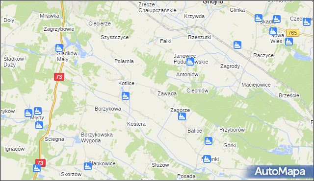 mapa Zawada gmina Gnojno, Zawada gmina Gnojno na mapie Targeo