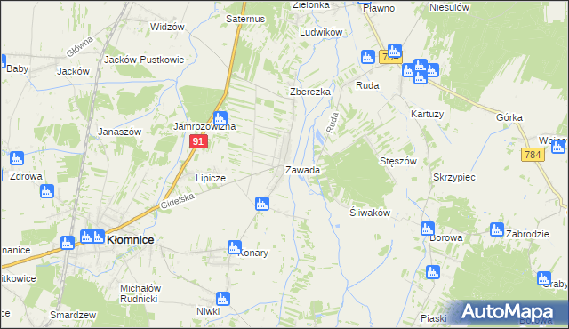mapa Zawada gmina Kłomnice, Zawada gmina Kłomnice na mapie Targeo