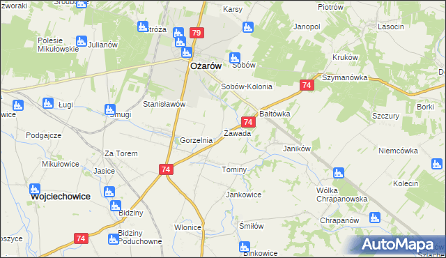 mapa Zawada gmina Ożarów, Zawada gmina Ożarów na mapie Targeo