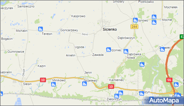 mapa Zawada gmina Sicienko, Zawada gmina Sicienko na mapie Targeo