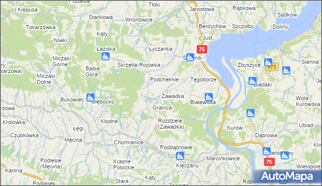 mapa Zawadka gmina Łososina Dolna, Zawadka gmina Łososina Dolna na mapie Targeo