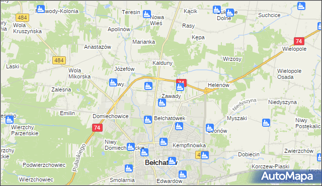 mapa Zawady gmina Bełchatów, Zawady gmina Bełchatów na mapie Targeo