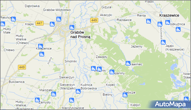 mapa Zawady gmina Grabów nad Prosną, Zawady gmina Grabów nad Prosną na mapie Targeo