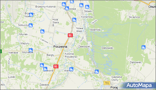 mapa Zawodzie gmina Poczesna, Zawodzie gmina Poczesna na mapie Targeo