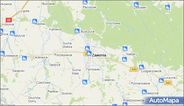 mapa Zawonia powiat trzebnicki, Zawonia powiat trzebnicki na mapie Targeo