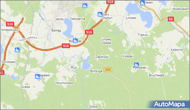 mapa Zazdrość gmina Stawiguda, Zazdrość gmina Stawiguda na mapie Targeo