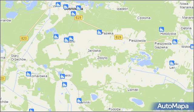 mapa Zbójno gmina Sosnowica, Zbójno gmina Sosnowica na mapie Targeo