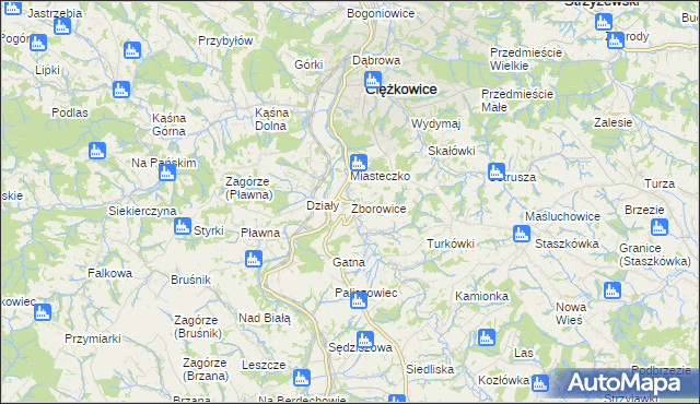 mapa Zborowice gmina Ciężkowice, Zborowice gmina Ciężkowice na mapie Targeo