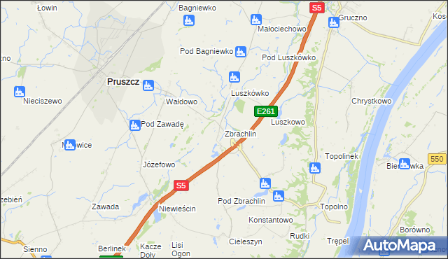 mapa Zbrachlin gmina Pruszcz, Zbrachlin gmina Pruszcz na mapie Targeo