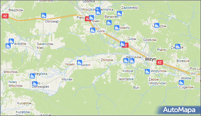 mapa Zbrojów gmina Bliżyn, Zbrojów gmina Bliżyn na mapie Targeo