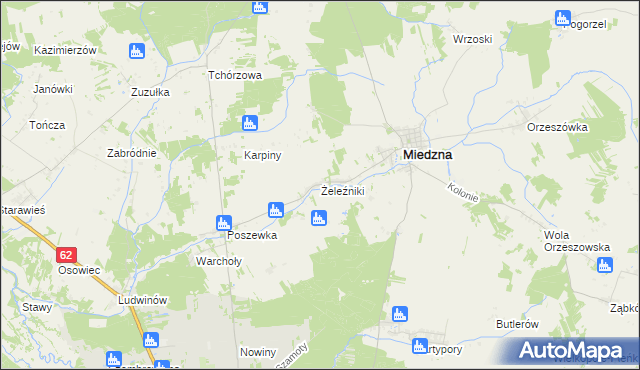 mapa Żeleźniki gmina Miedzna, Żeleźniki gmina Miedzna na mapie Targeo