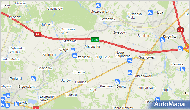 mapa Zelgoszcz gmina Stryków, Zelgoszcz gmina Stryków na mapie Targeo