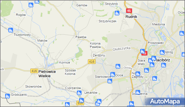 mapa Żerdziny gmina Pietrowice Wielkie, Żerdziny gmina Pietrowice Wielkie na mapie Targeo