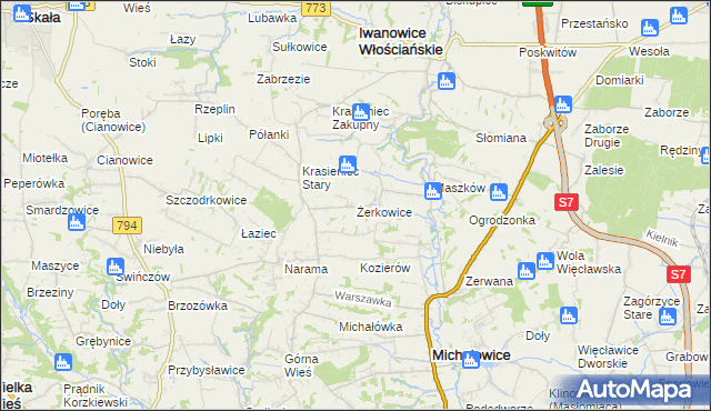 mapa Żerkowice gmina Iwanowice, Żerkowice gmina Iwanowice na mapie Targeo