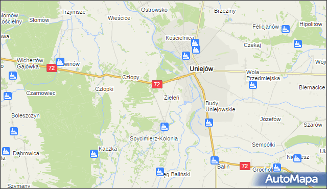 mapa Zieleń gmina Uniejów, Zieleń gmina Uniejów na mapie Targeo