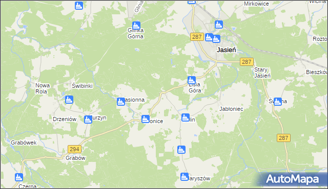 mapa Zieleniec gmina Jasień, Zieleniec gmina Jasień na mapie Targeo