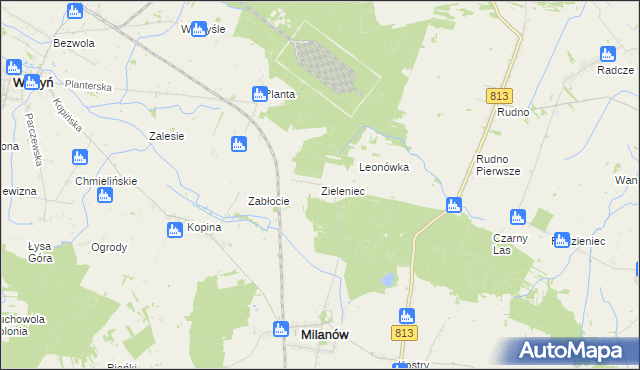 mapa Zieleniec gmina Milanów, Zieleniec gmina Milanów na mapie Targeo