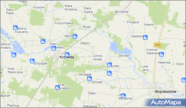 mapa Zimna Woda gmina Krzywda, Zimna Woda gmina Krzywda na mapie Targeo