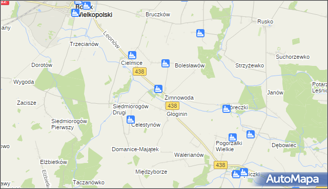 mapa Zimnowoda gmina Borek Wielkopolski, Zimnowoda gmina Borek Wielkopolski na mapie Targeo