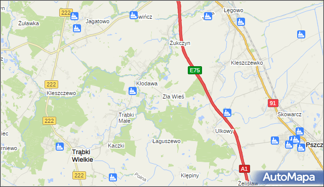 mapa Zła Wieś gmina Trąbki Wielkie, Zła Wieś gmina Trąbki Wielkie na mapie Targeo