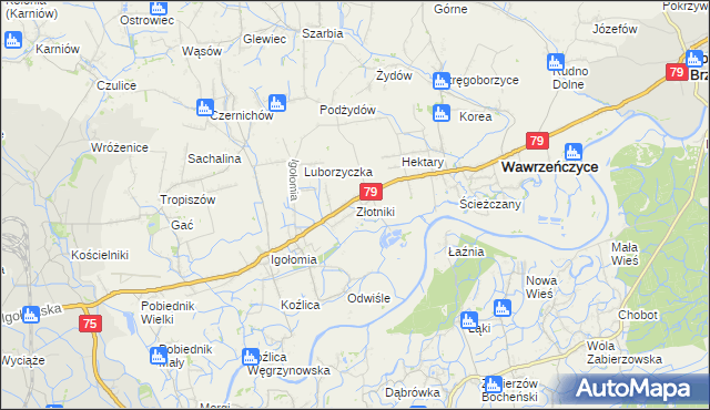 mapa Złotniki gmina Igołomia-Wawrzeńczyce, Złotniki gmina Igołomia-Wawrzeńczyce na mapie Targeo